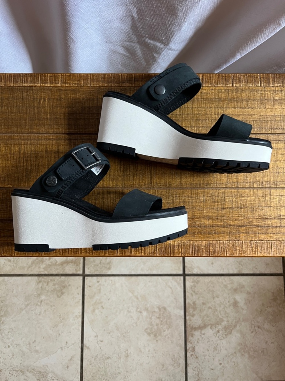 Timberland Black and White Platform Wedge Sandals